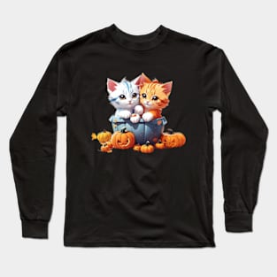 Halloween kittens playing with pumpkins Long Sleeve T-Shirt